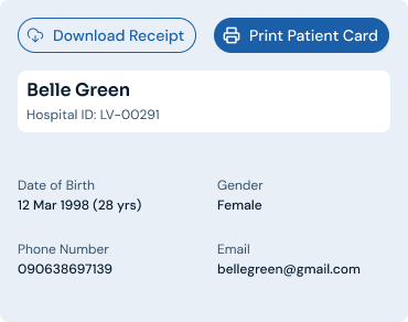 A patient card with hospital ID, date of birth and contact details